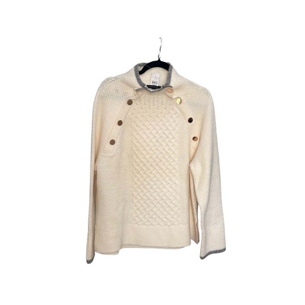 Ann Taylor Womens Large Cream Button Shoulder Mock Neck Cable Knit Sweater NEW